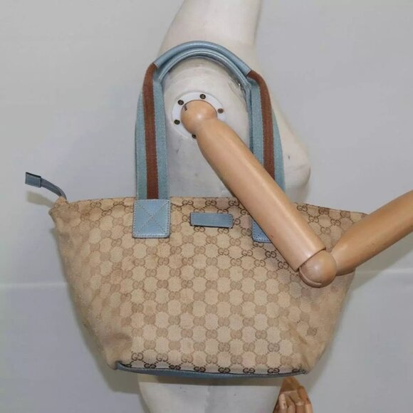 GUCCI GG Canvas Sherry Line Shoulder Bag Beige Blue Silver 131230 Auth 103323 - Picture 3 of 16